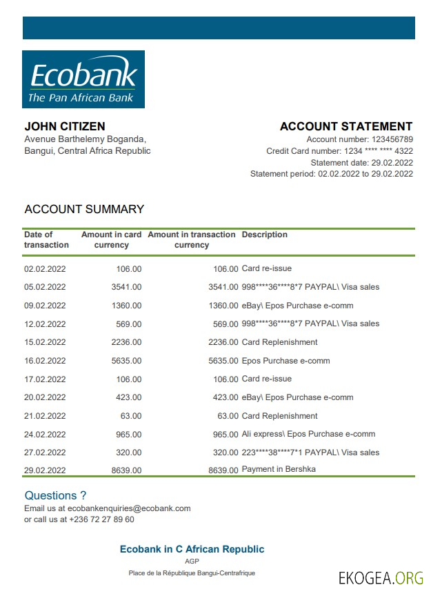 Relevé bancaire Ecobank de la République Centrafricaine